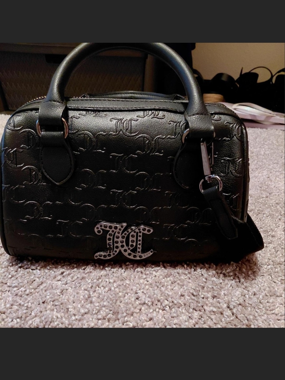 Juicy Couture Black Embossed Logo Satchel with Silver Hardware